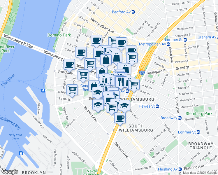 map of restaurants, bars, coffee shops, grocery stores, and more near 311 Roebling Street in Brooklyn