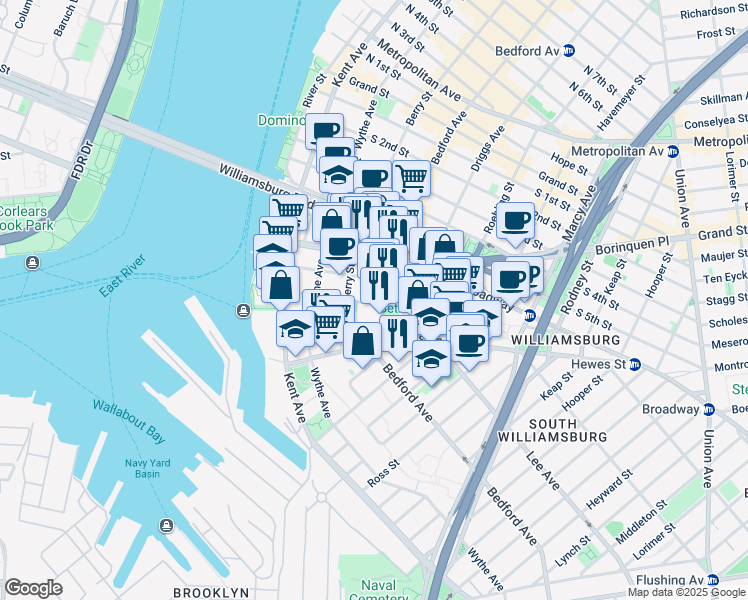 map of restaurants, bars, coffee shops, grocery stores, and more near 100 South 9th Street in Brooklyn
