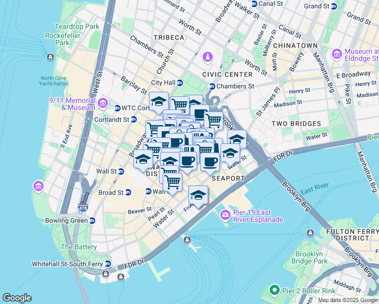 map of restaurants, bars, coffee shops, grocery stores, and more near 25 Cliff Street in New York