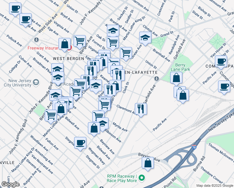map of restaurants, bars, coffee shops, grocery stores, and more near 131 Clerk Street in Jersey City