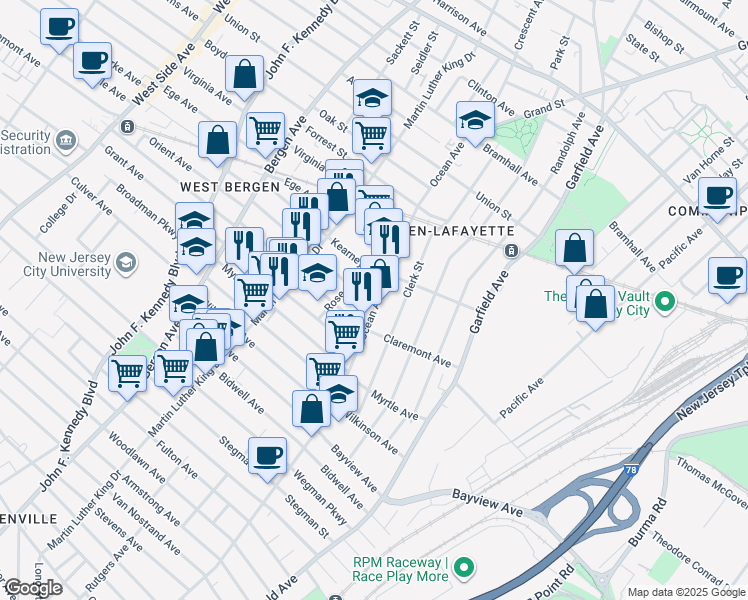 map of restaurants, bars, coffee shops, grocery stores, and more near 645 Ocean Avenue in Jersey City