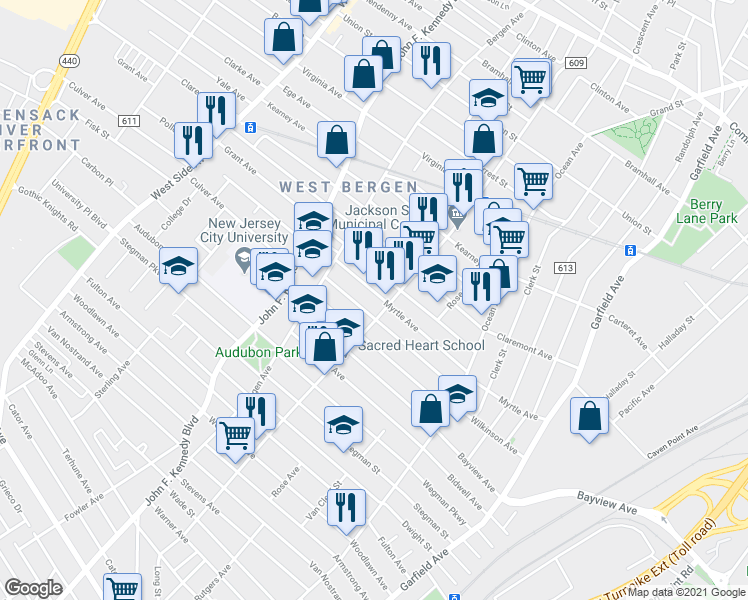 map of restaurants, bars, coffee shops, grocery stores, and more near 275 County Road 609 in Jersey City