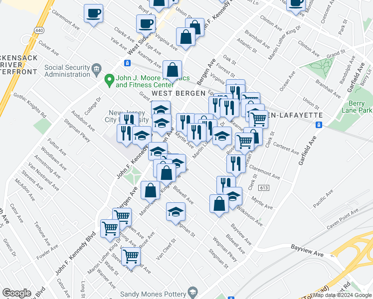 map of restaurants, bars, coffee shops, grocery stores, and more near in Jersey City