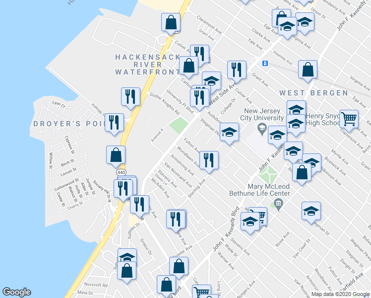 map of restaurants, bars, coffee shops, grocery stores, and more near 378 Woodlawn Avenue in Jersey City