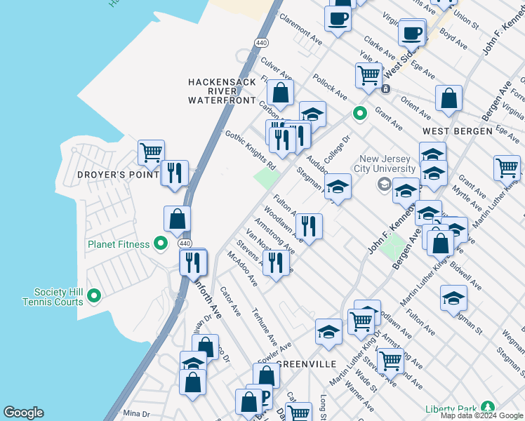 map of restaurants, bars, coffee shops, grocery stores, and more near 397 Armstrong Avenue in Jersey City