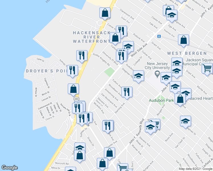 map of restaurants, bars, coffee shops, grocery stores, and more near 397 Armstrong Avenue in Jersey City