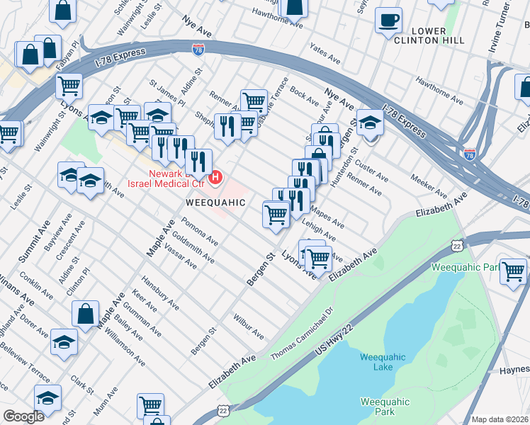map of restaurants, bars, coffee shops, grocery stores, and more near 32 Harding Terrace in Newark