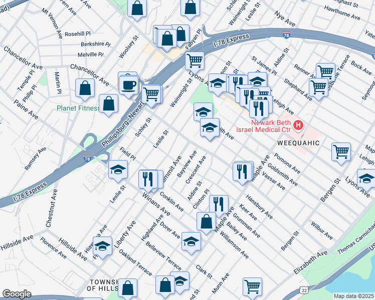 map of restaurants, bars, coffee shops, grocery stores, and more near 20 Bayview Avenue in Newark