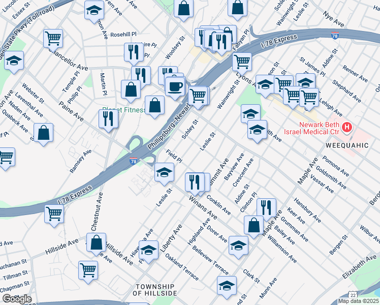 map of restaurants, bars, coffee shops, grocery stores, and more near 477 Leslie Street in Newark