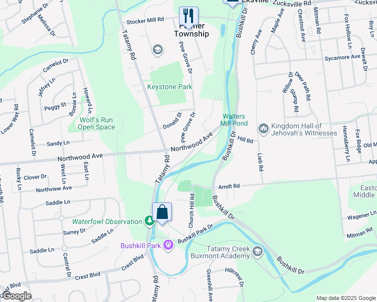map of restaurants, bars, coffee shops, grocery stores, and more near 2120 Northwood Avenue in Easton