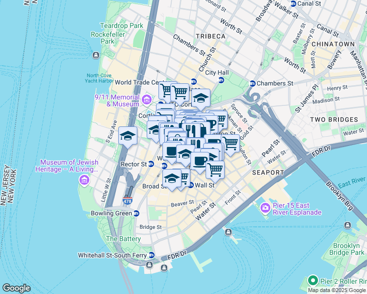 map of restaurants, bars, coffee shops, grocery stores, and more near 48 Wall Street in New York