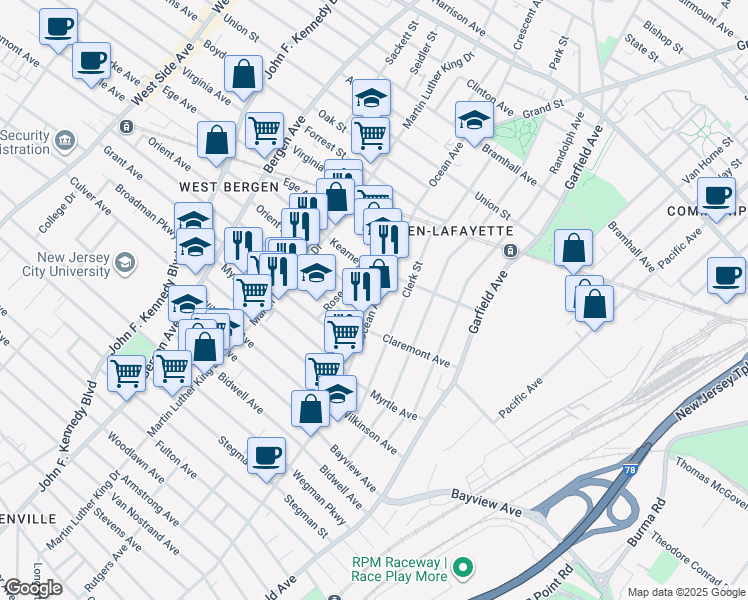map of restaurants, bars, coffee shops, grocery stores, and more near 4 Orient Avenue in Jersey City