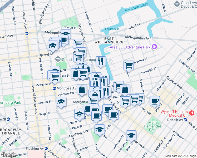 map of restaurants, bars, coffee shops, grocery stores, and more near 134 Morgan Avenue in Brooklyn