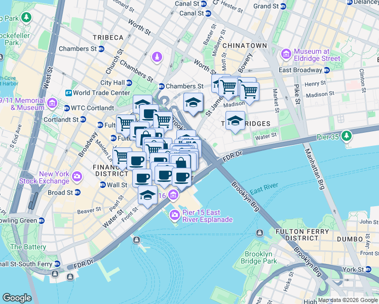 map of restaurants, bars, coffee shops, grocery stores, and more near 273 Water Street in Brooklyn
