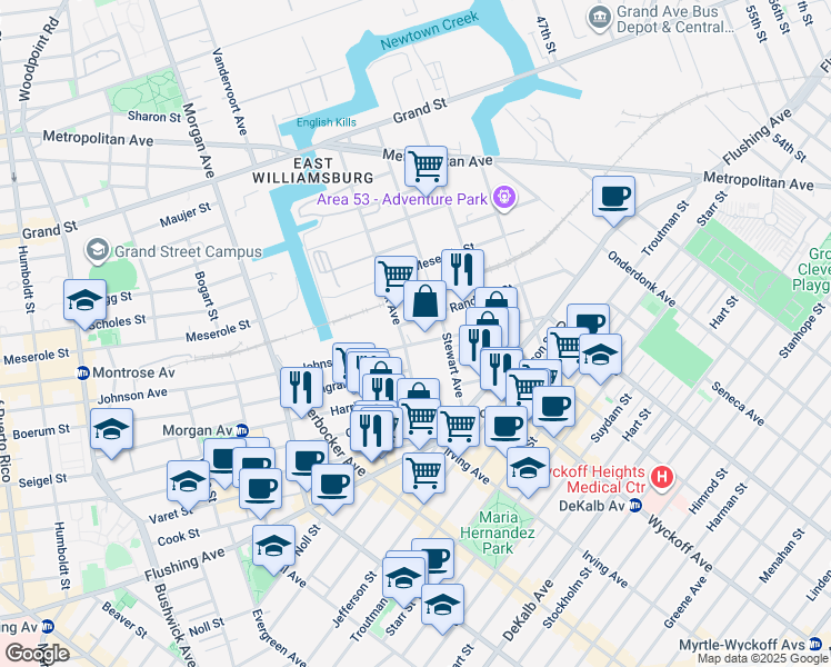 map of restaurants, bars, coffee shops, grocery stores, and more near 152 Randolph Street in Brooklyn
