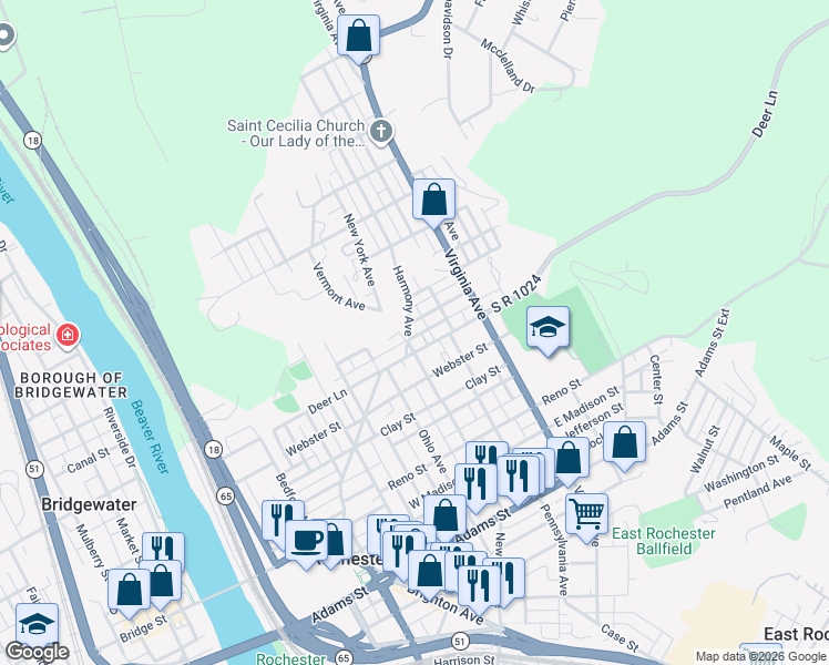 map of restaurants, bars, coffee shops, grocery stores, and more near 508 Harmony Avenue in Rochester
