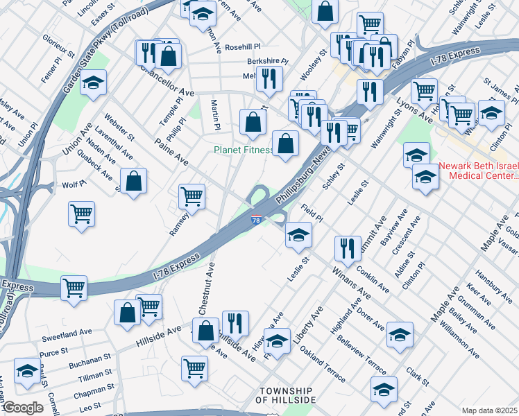 map of restaurants, bars, coffee shops, grocery stores, and more near Interstate 78 in Irvington