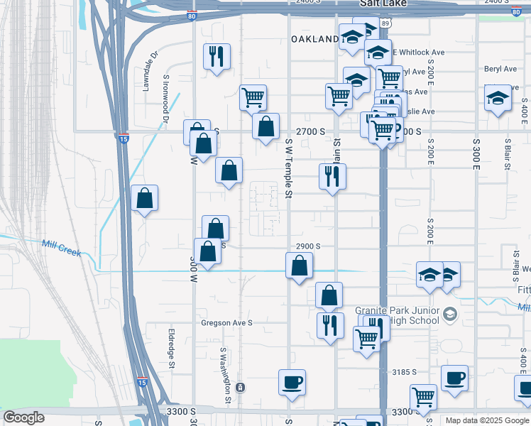 map of restaurants, bars, coffee shops, grocery stores, and more near 2852 South West Temple Street in South Salt Lake