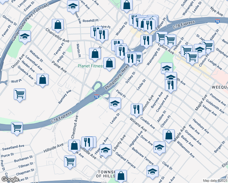map of restaurants, bars, coffee shops, grocery stores, and more near 390 Schley Street in Newark