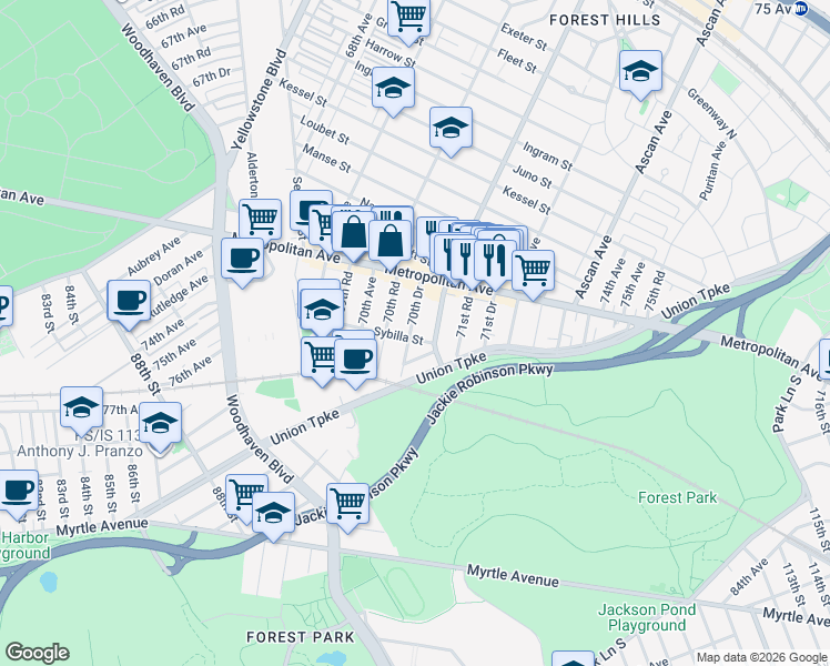 map of restaurants, bars, coffee shops, grocery stores, and more near 70-53 Sybilla Street in Queens