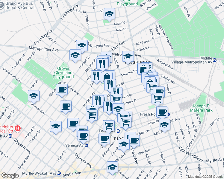 map of restaurants, bars, coffee shops, grocery stores, and more near 64-07 Forest Avenue in Queens