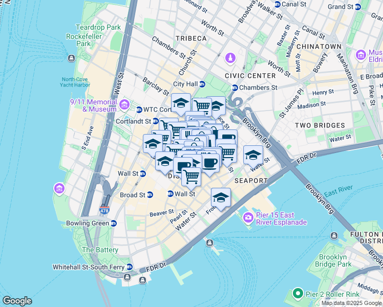 map of restaurants, bars, coffee shops, grocery stores, and more near 66 John Street in New York