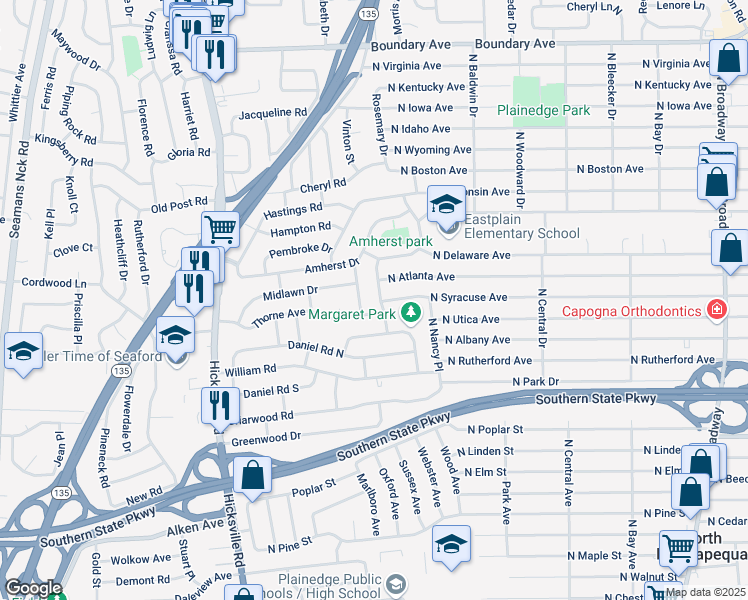 map of restaurants, bars, coffee shops, grocery stores, and more near 554 Syracuse Avenue in Massapequa