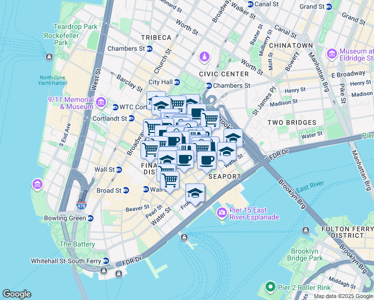 map of restaurants, bars, coffee shops, grocery stores, and more near 25 Cliff Street in New York