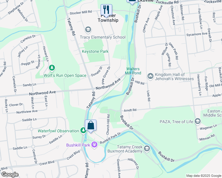map of restaurants, bars, coffee shops, grocery stores, and more near 2120 Northwood Avenue in Easton
