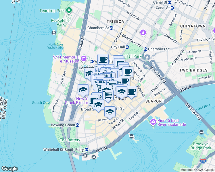 map of restaurants, bars, coffee shops, grocery stores, and more near 65 Liberty Street in New York