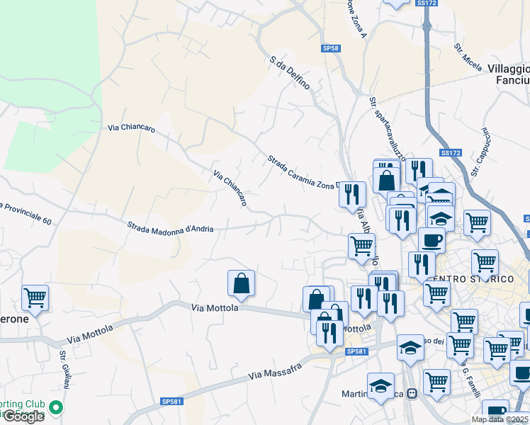 map of restaurants, bars, coffee shops, grocery stores, and more near 340e Via Chiancaro in Martina Franca