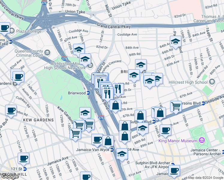 map of restaurants, bars, coffee shops, grocery stores, and more near 139-22 86th Avenue in Queens