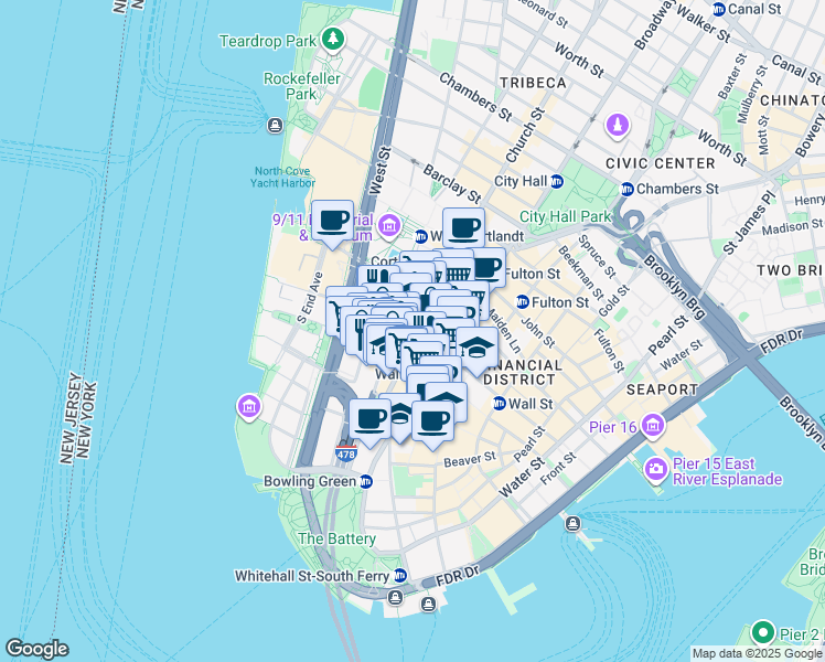 map of restaurants, bars, coffee shops, grocery stores, and more near 90 Trinity Place in New York