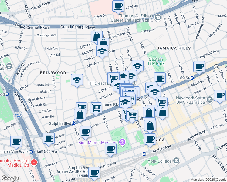 map of restaurants, bars, coffee shops, grocery stores, and more near 150-67 87th Avenue in Queens