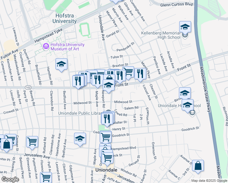 map of restaurants, bars, coffee shops, grocery stores, and more near 291 Uniondale Avenue in Uniondale