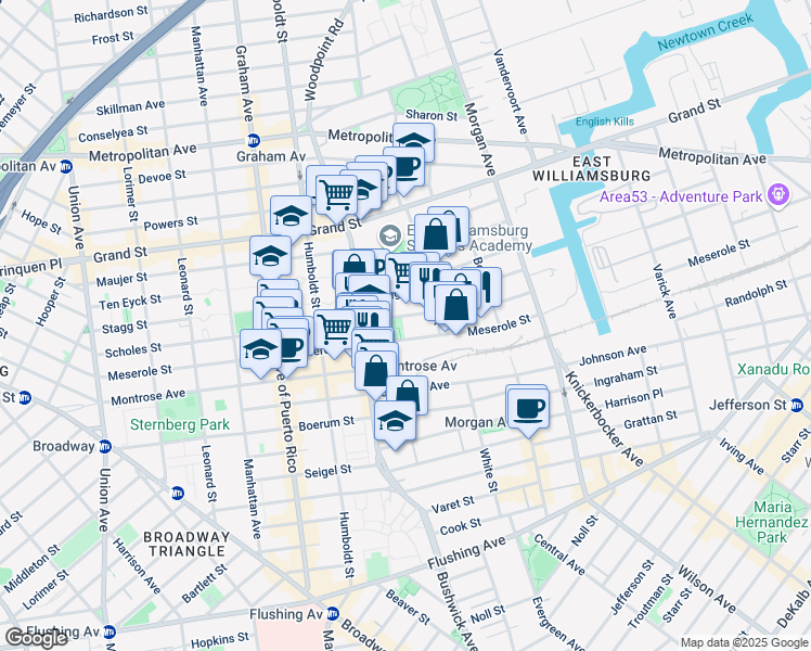 map of restaurants, bars, coffee shops, grocery stores, and more near 258 Meserole Street in Brooklyn