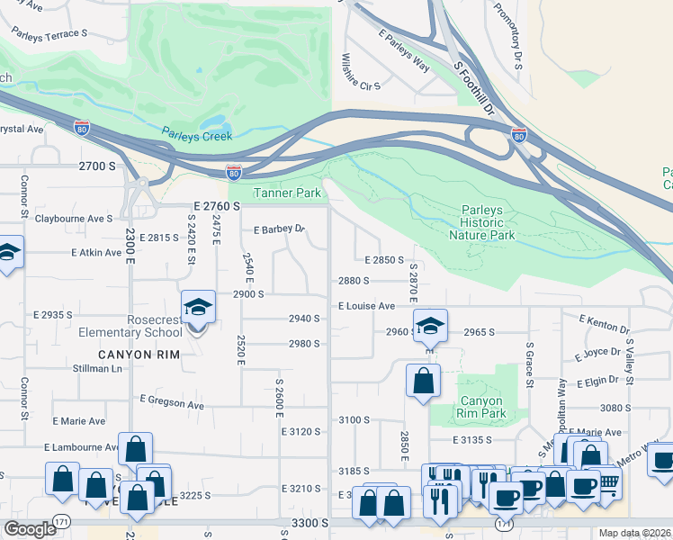 map of restaurants, bars, coffee shops, grocery stores, and more near 2861 South 2700 East in Salt Lake City