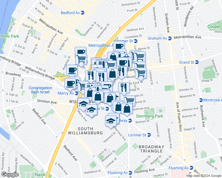 map of restaurants, bars, coffee shops, grocery stores, and more near S 3rd St & Hooper St in Brooklyn