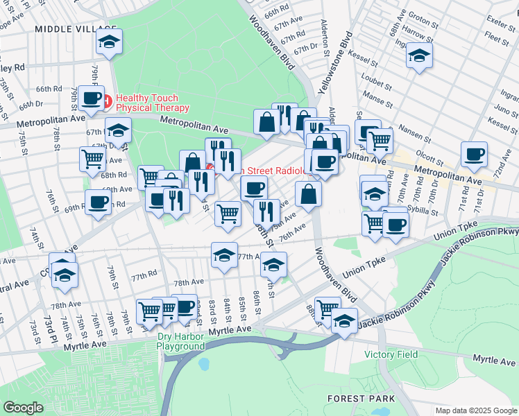map of restaurants, bars, coffee shops, grocery stores, and more near 73-15 88th Street in Queens