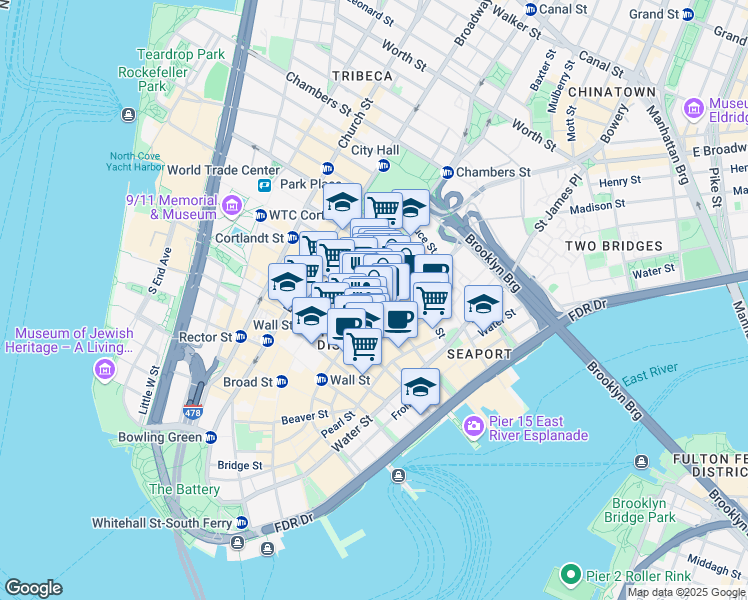 map of restaurants, bars, coffee shops, grocery stores, and more near 66 John Street in New York