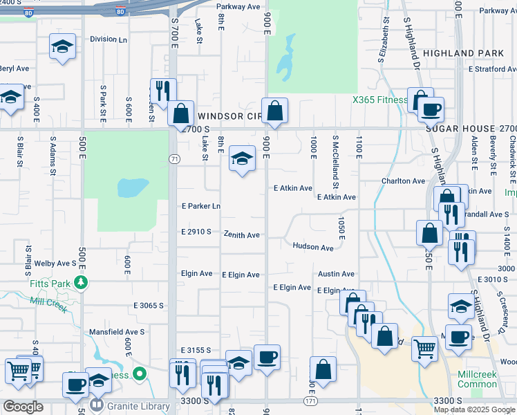 map of restaurants, bars, coffee shops, grocery stores, and more near 2860 South 900 East in Salt Lake City