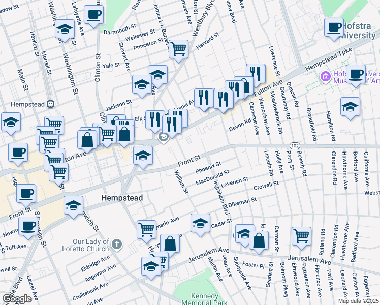 map of restaurants, bars, coffee shops, grocery stores, and more near 544 Front Street in Hempstead