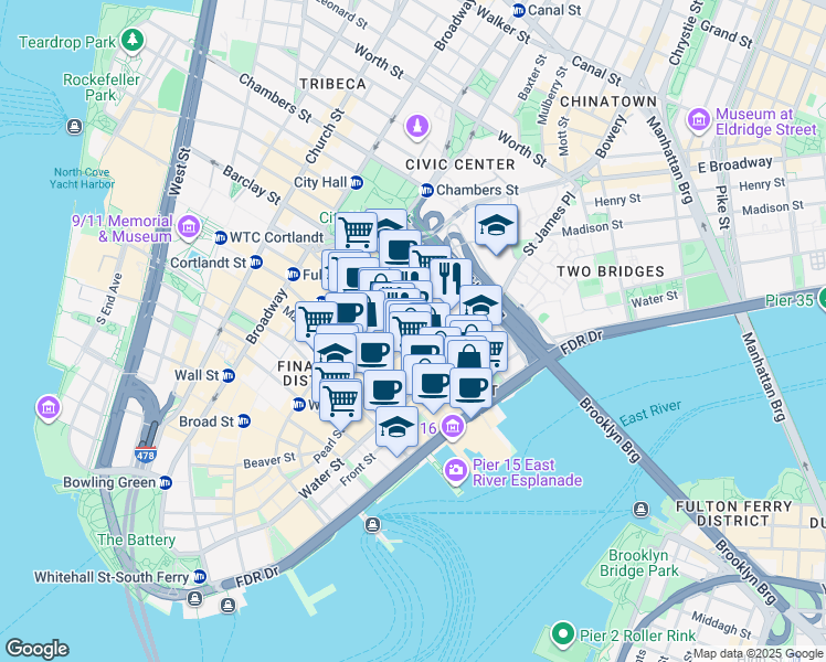 map of restaurants, bars, coffee shops, grocery stores, and more near 46 Cliff Street in New York