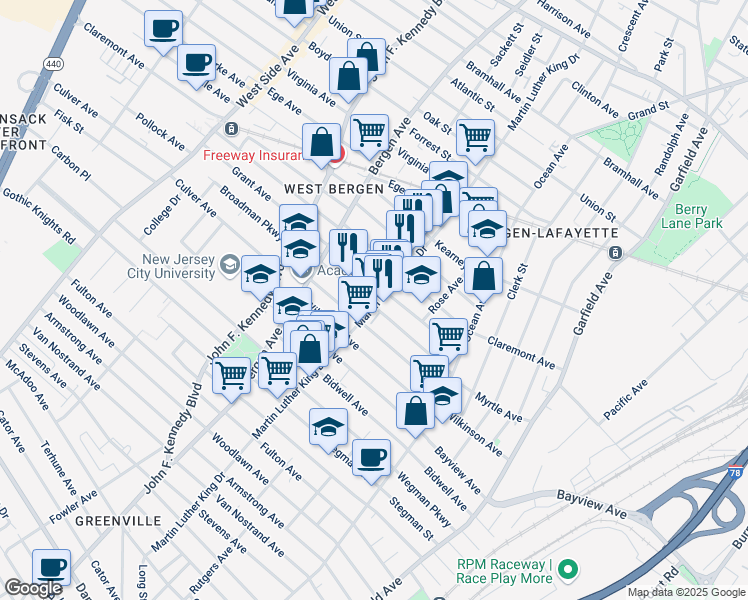 map of restaurants, bars, coffee shops, grocery stores, and more near in Jersey City