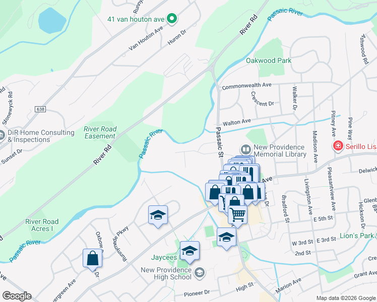 map of restaurants, bars, coffee shops, grocery stores, and more near 38 Charnwood Road in New Providence