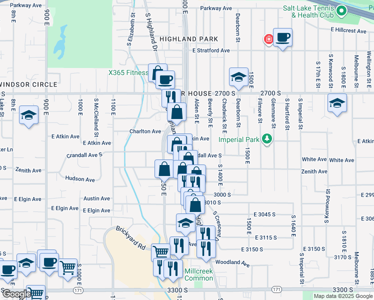 map of restaurants, bars, coffee shops, grocery stores, and more near 2885 Highland Drive in Salt Lake City