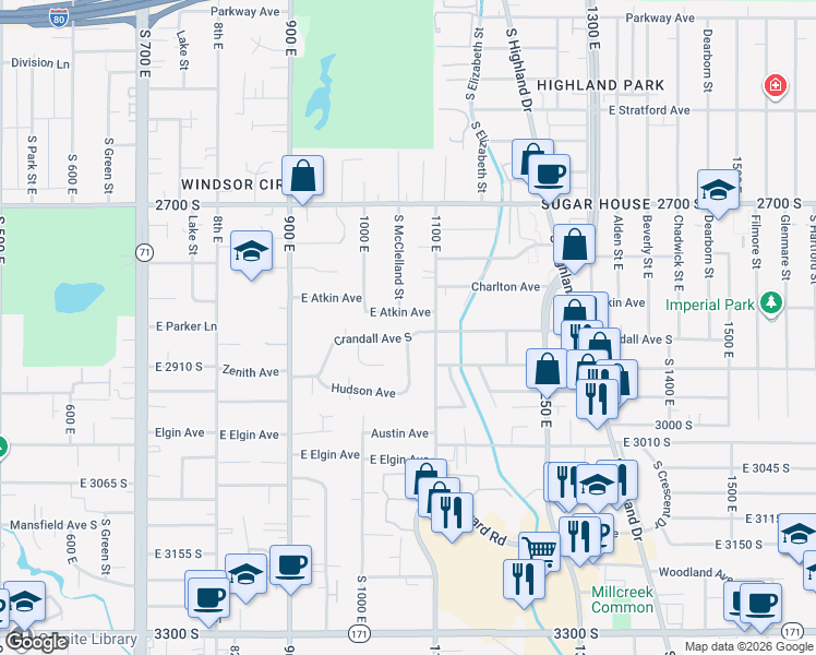 map of restaurants, bars, coffee shops, grocery stores, and more near 2878 South McClelland Street in Salt Lake City