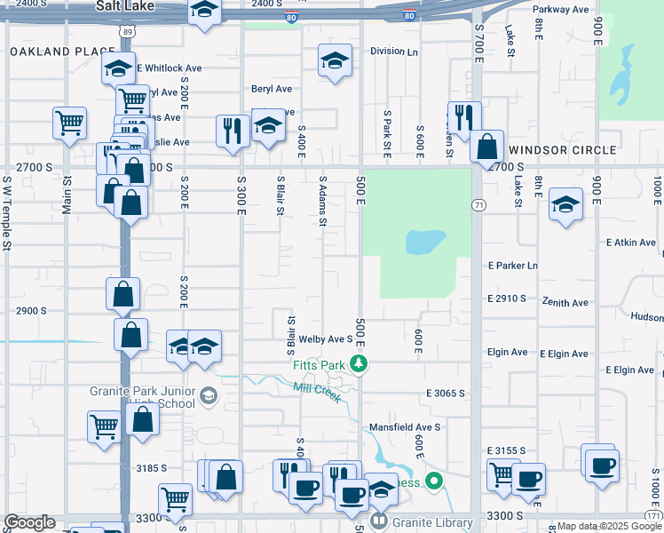 map of restaurants, bars, coffee shops, grocery stores, and more near 2878 Adams Street East in South Salt Lake