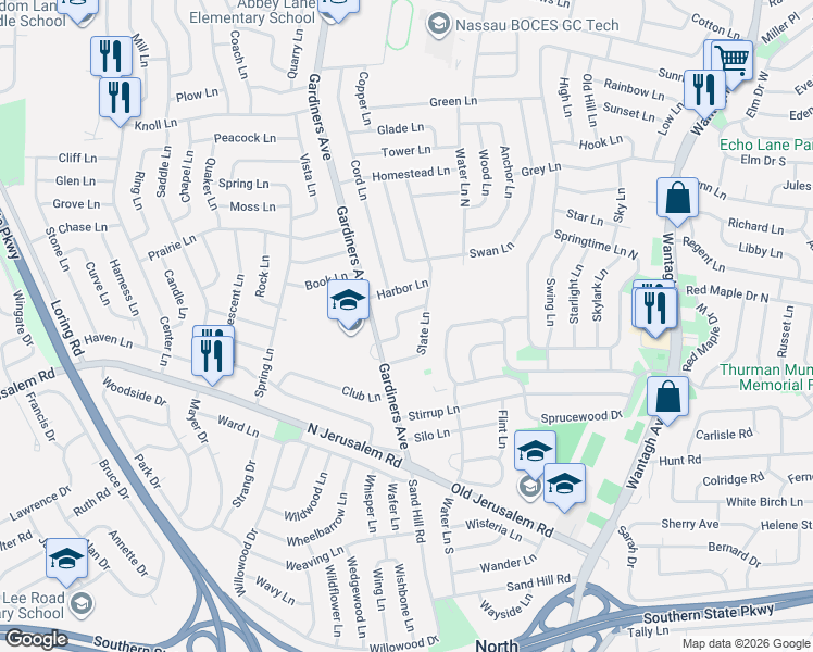 map of restaurants, bars, coffee shops, grocery stores, and more near 6 Harrow Lane in Levittown