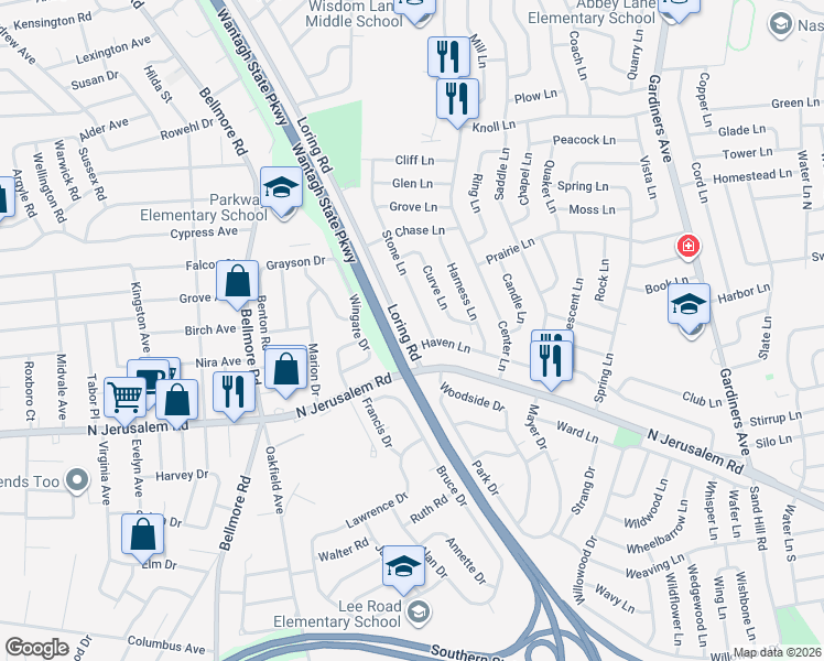 map of restaurants, bars, coffee shops, grocery stores, and more near 6 Haven Lane in Levittown